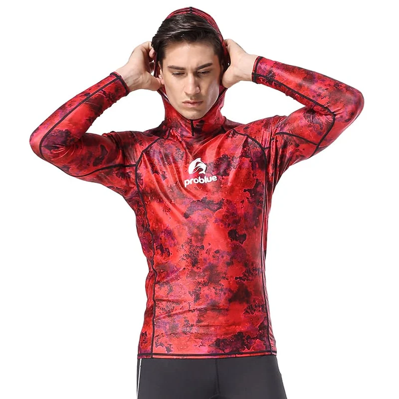 Kamuflaj uzun kollu deniz üstü giysisi (rash guard) kapüşonlusu — ProBlue